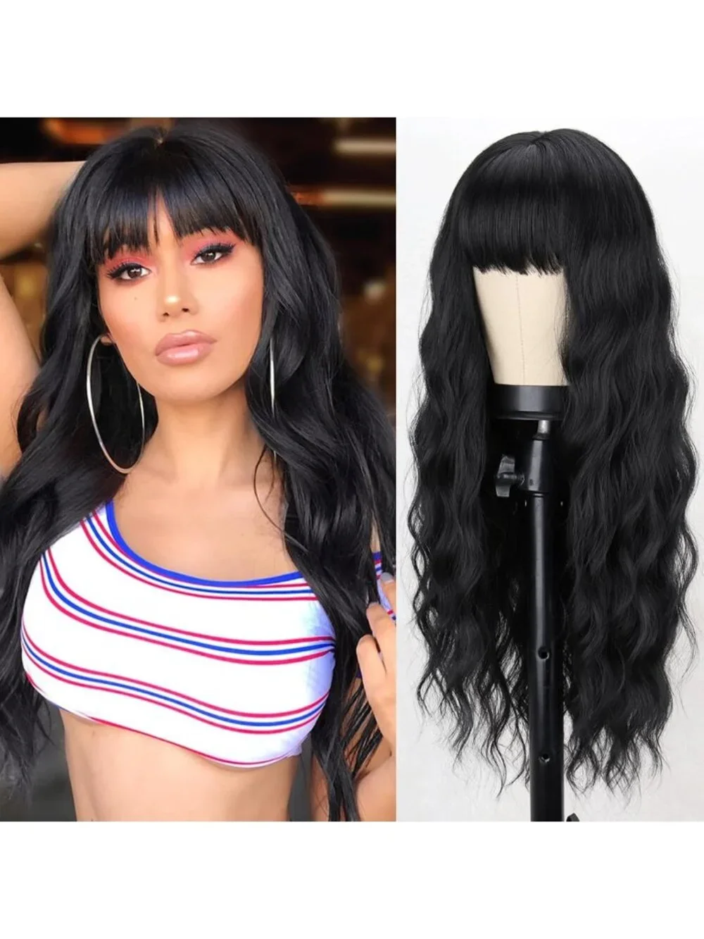 Long Wavy Black Wig with Bangs for Women - Stylish, Versatile Hairpiece